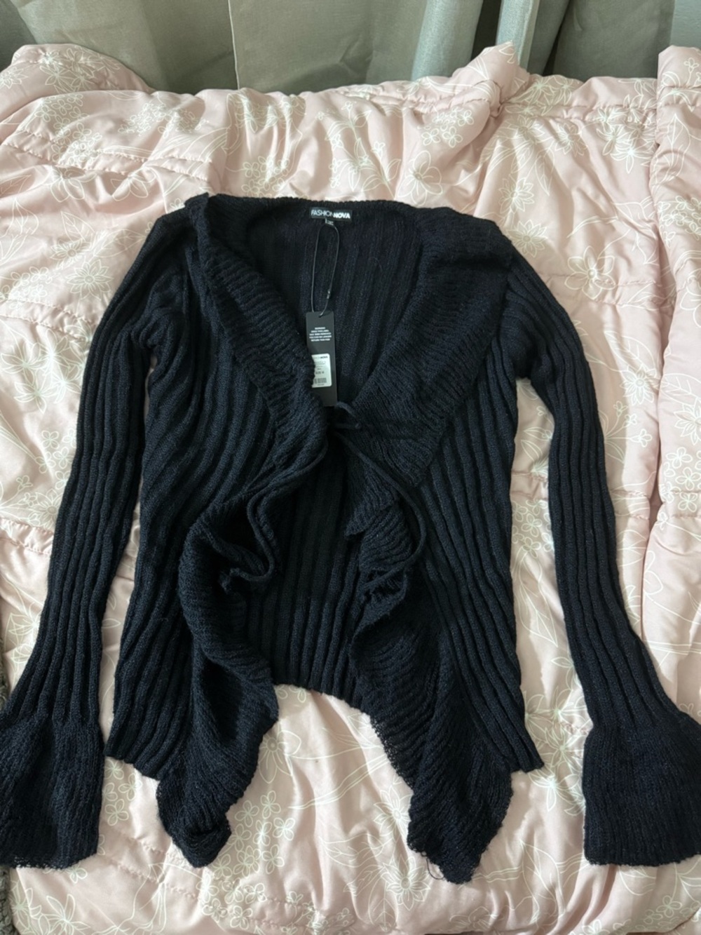 Fashion Nova Black Ruffled Open-Front Ribbed Cardigan